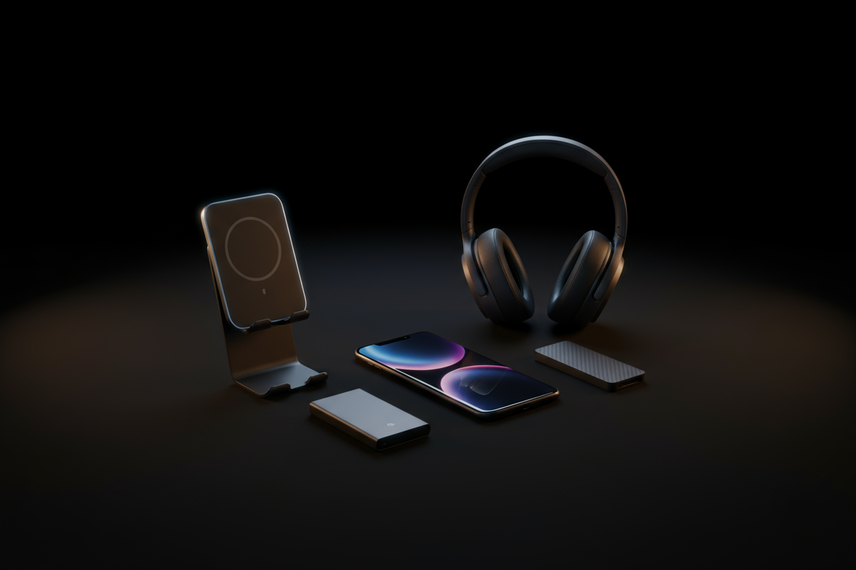 Fondo negro, gadgets resaltando con iluminación suave.